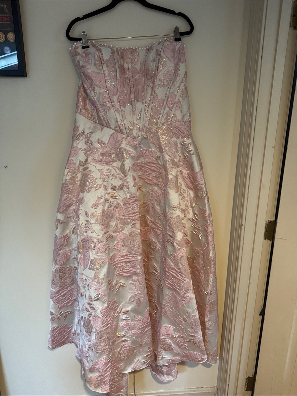 Strapless Pink and White with gold highlights Floral Brocade Fit-and-Flare Dress